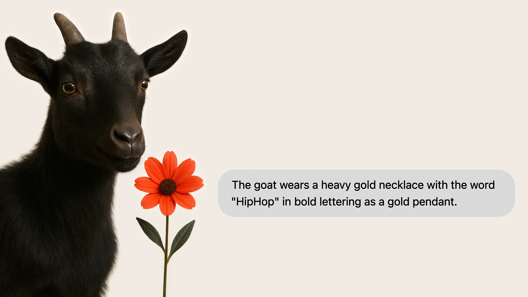 Schwarze Ziege riecht an einer roten Blüte, daneben eine Sprechblase mit dem Text “The goat wears a heavy gold necklace with the word ‘HipHop’ in bold lettering as a gold pendant.”