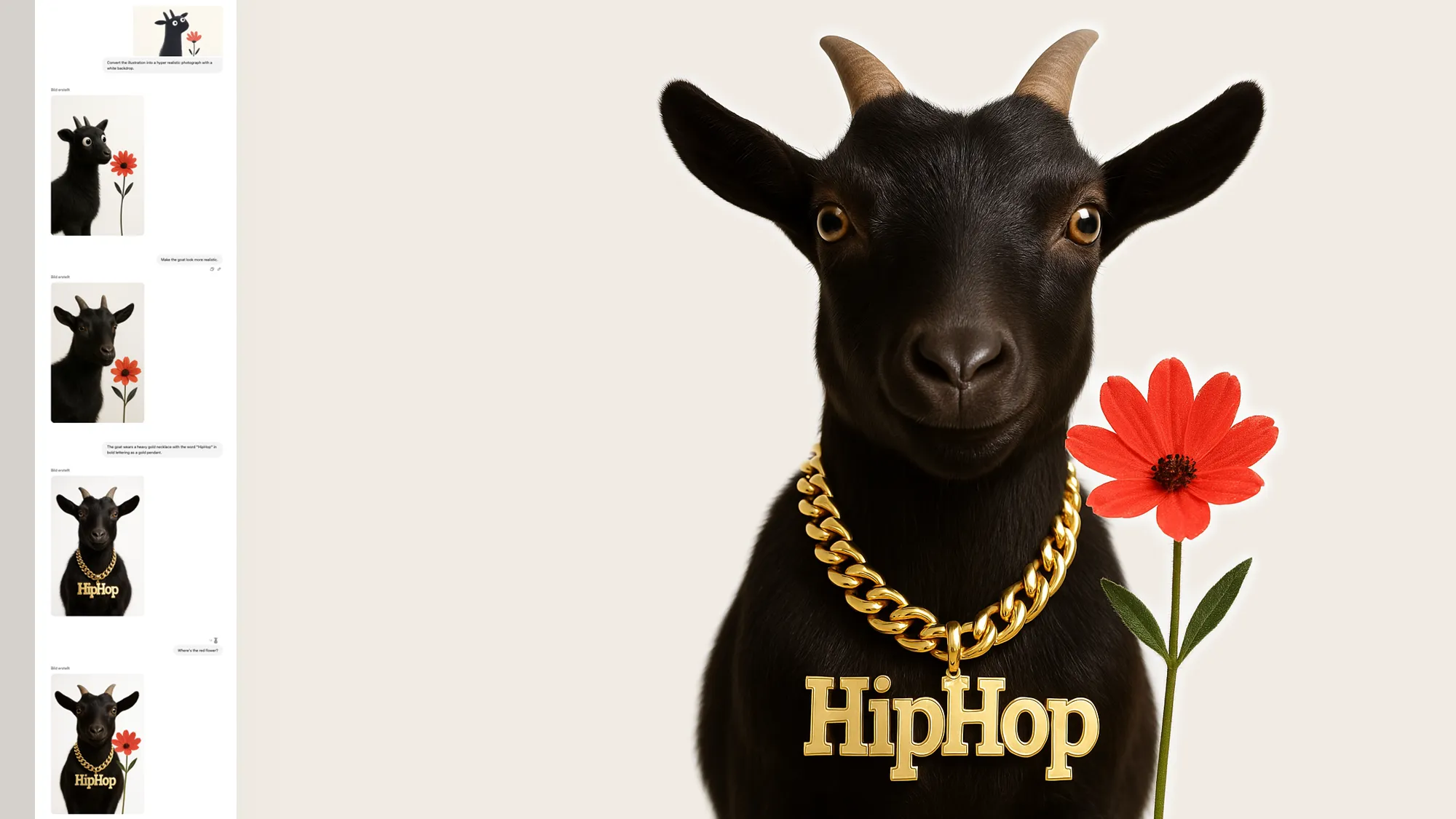 Screenshot eines KI-Bildgenerierungs-Chats: links mehrere Zwischenschritte einer Ziegen-Illustration, rechts groß das fertige Bild einer schwarzen Ziege mit langen Hörnern, goldener Kette mit dem Anhänger „HipHop“ und einer roten Blume vor cremefarbenem Hintergrund.