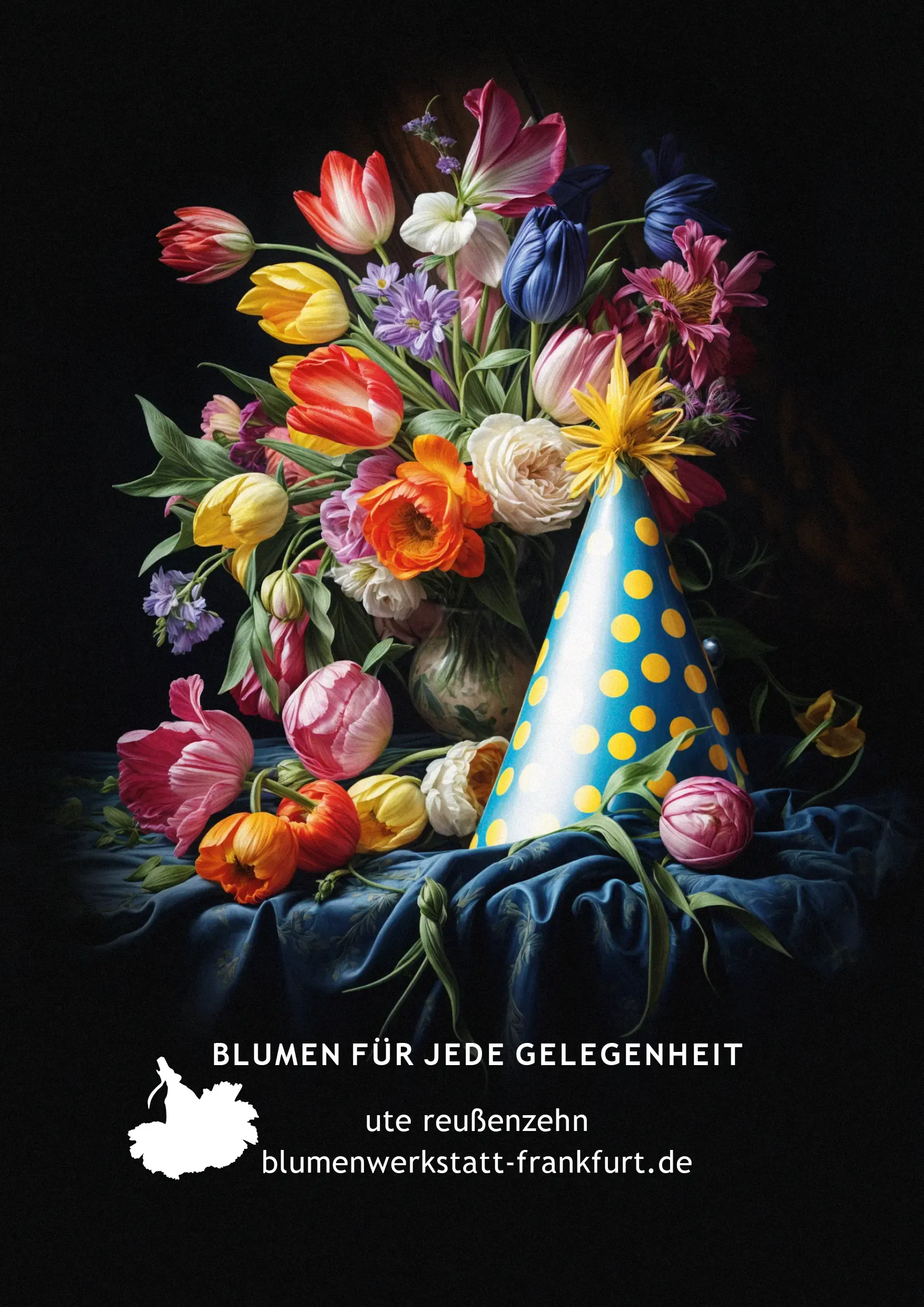 Üppiger Blumenstrauß aus rot-weißen, gelben, pinken und blauen Tulpen sowie weißen und orangefarbenen Rosen vor schwarzem Hintergrund, daneben eine blau-gelb gepunktete Partyhütchen auf dunkelblauem Samtstoff. Darunter der Text „Blumen für jede Gelegenheit“, „ute reußenzehn“ und „blumenwerkstatt-frankfurt.de“.