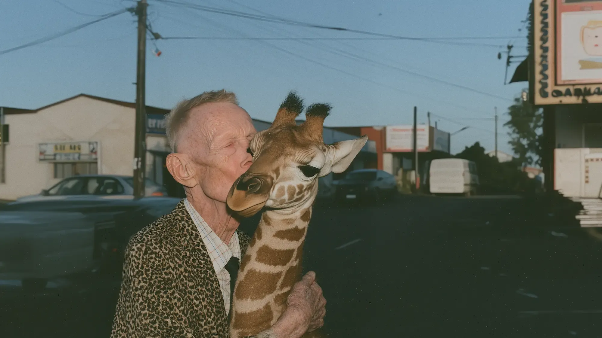 Ein älterer Mann in Jackett mit Leopardenmuster küsst auf einer Straße den Kopf einer jungen Giraffe, die er im Arm hält; im Hintergrund Ladenfronten, parkende Autos und Strommasten.