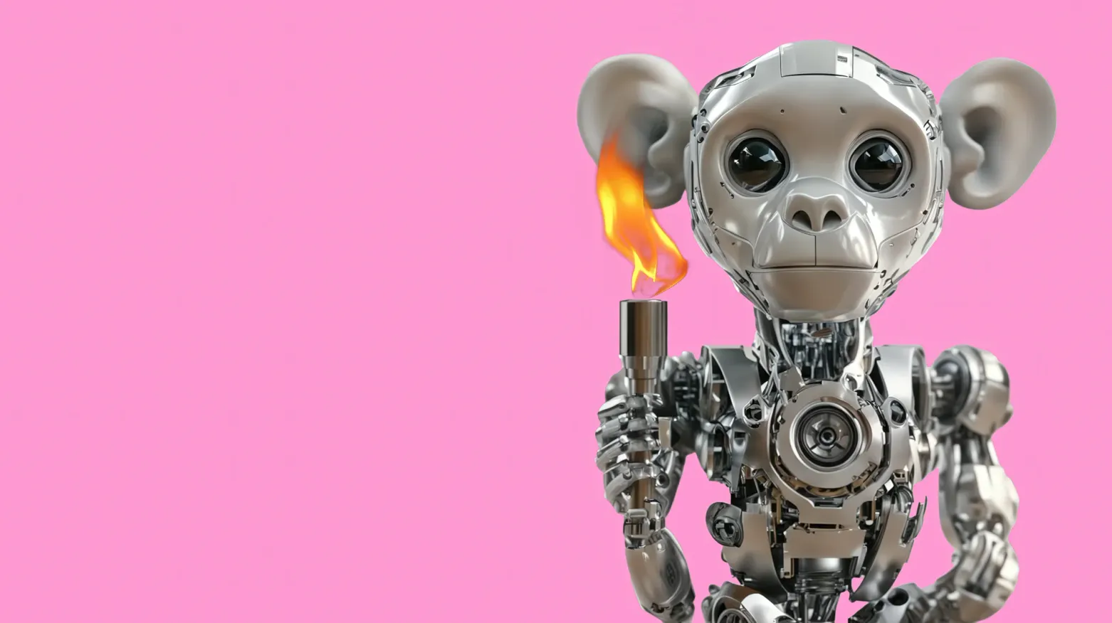 Silberfarbener Roboter in Gestalt eines Affen mit großen Ohren und runden dunklen Augen hält ein brennendes Feuerzeug in der Hand, der Hintergrund ist einfarbig pink.