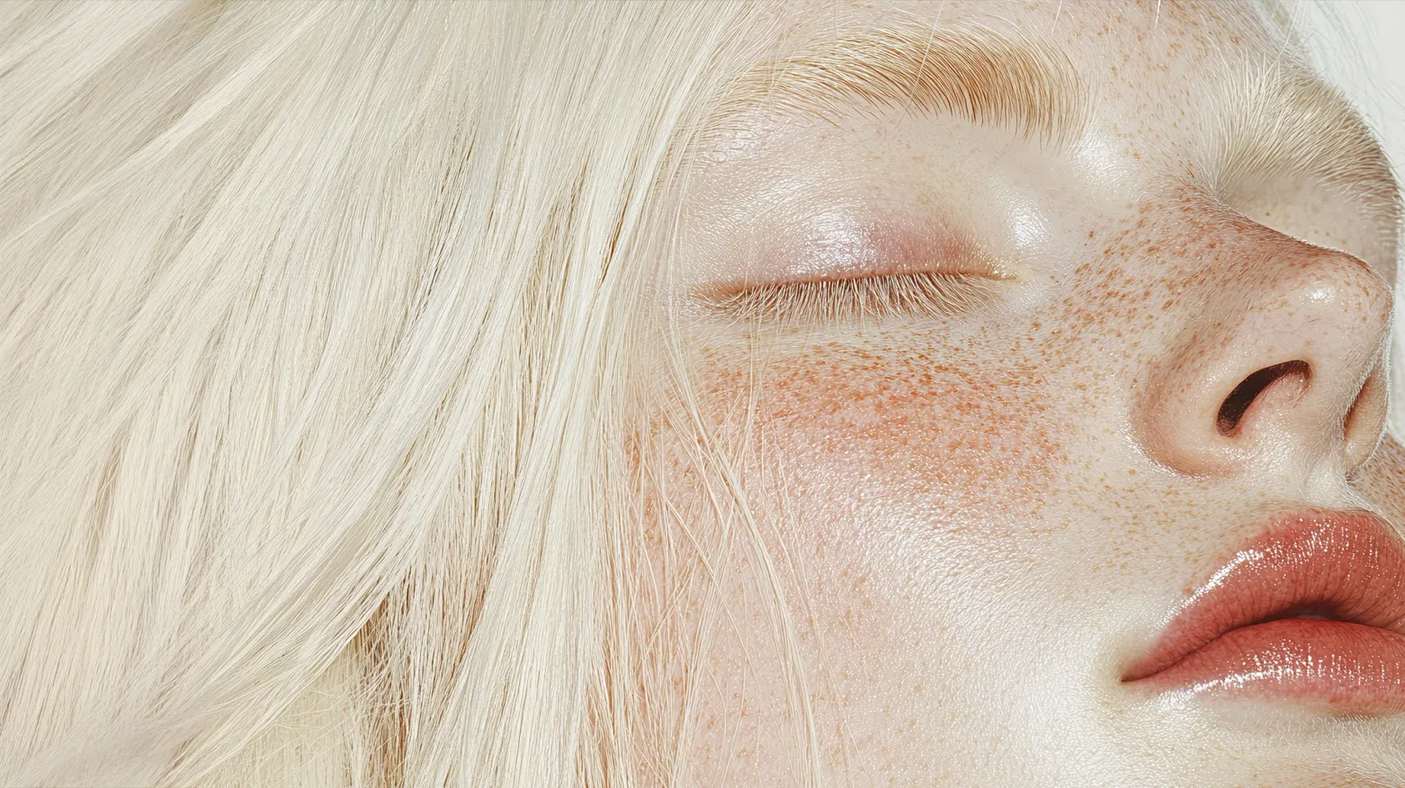 Makroaufnahme eines Gesichts mit geschlossenem Auge und sichtbaren Sommersprossen, teils verdeckt von weißblonden Haarsträhnen, unten rechts ein Ausschnitt roter, glänzender Lippen.