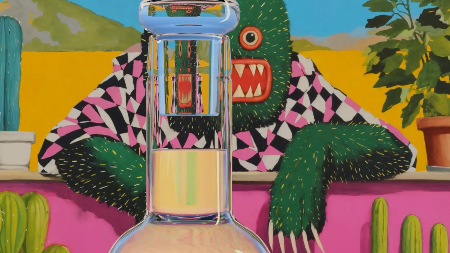 Illustration einer Glasflasche mit bernsteinfarbener Flüssigkeit im Vordergrund vor einem grünen, fellartigen Monster mit rosa-schwarz-weiß kariertem Fellstück, großem Auge und spitzen Zähnen, das über eine pinkfarbene Wand lehnt; im Hintergrund eine Wüstenszene mit Kakteen und Bergen.