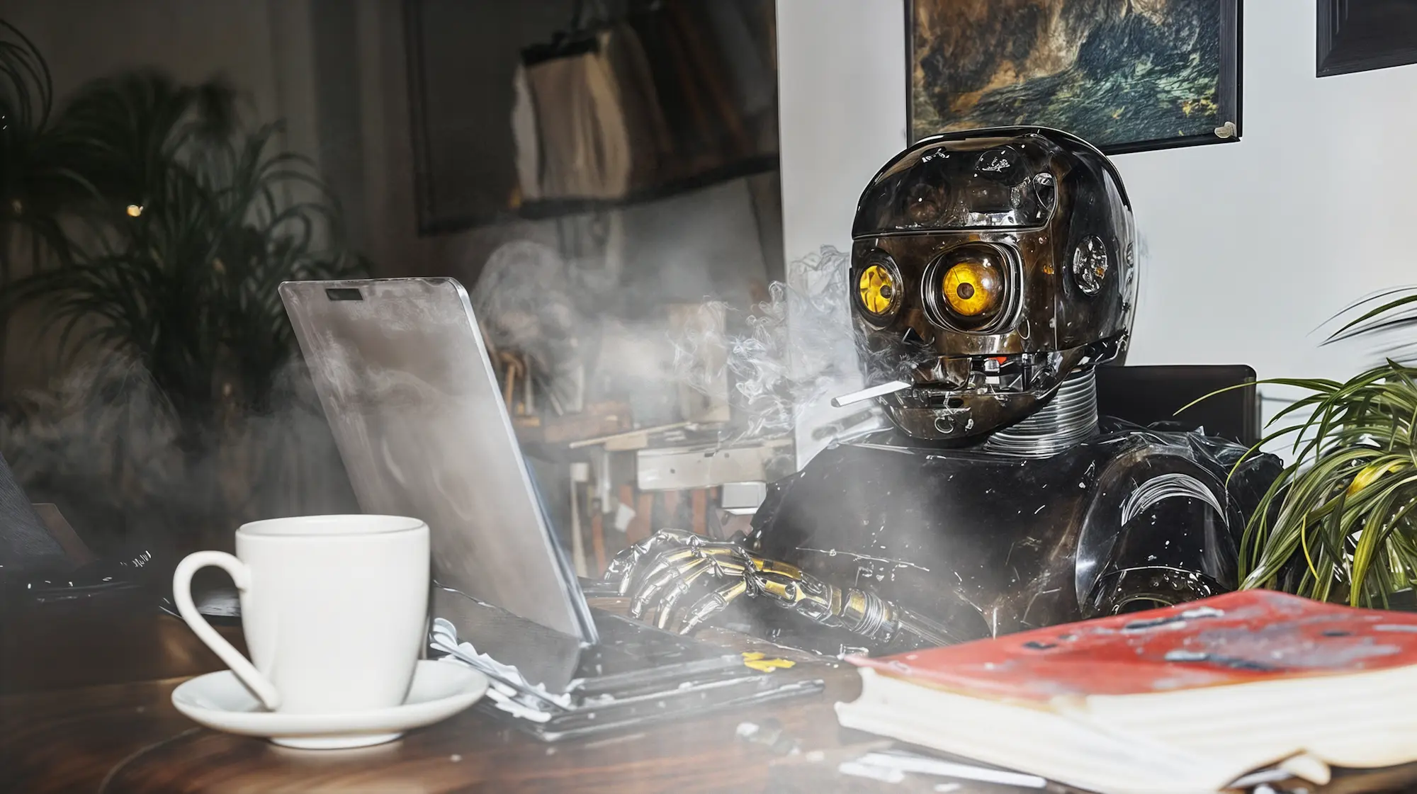 Ein ramponierter schwarzer Roboter mit leuchtend gelben Augen sitzt mit einer Zigarette im Mund an einem Schreibtisch vor einem Laptop, daneben eine Kaffeetasse und ein rotes Buch, Rauch steigt um den Kopf auf.