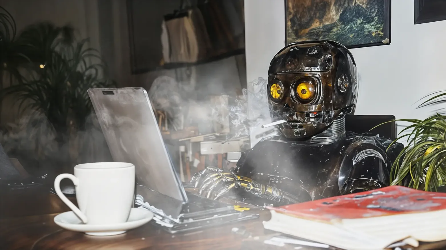 Ein ramponierter schwarzer Roboter mit leuchtend gelben Augen sitzt mit einer Zigarette im Mund an einem Schreibtisch vor einem Laptop, daneben eine Kaffeetasse und ein rotes Buch, Rauch steigt um den Kopf auf.