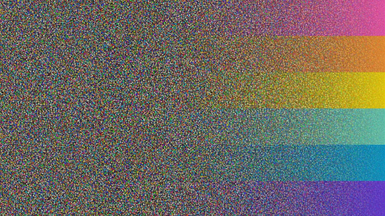 Abstraktes Bild aus dichtem, buntem Bildrauschen, das nach rechts in klar getrennte horizontale Farbstreifen in Pink, Orange, Gelb, Türkis, Blau und Violett übergeht.