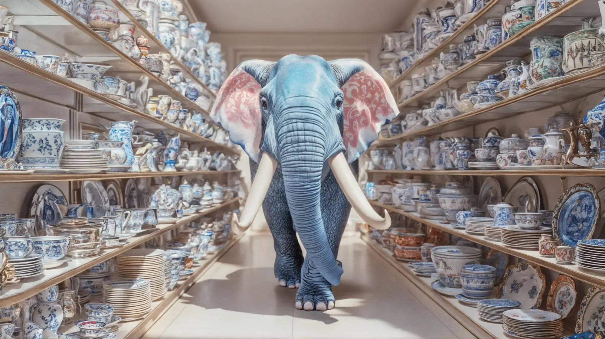 Blaugrauer, digital gestalteter Elefant mit rosa gemusterten Ohren und weißen Stoßzähnen steht in einem Gang zwischen Regalen voller blau-weißem und bunt gemustertem Porzellangeschirr.