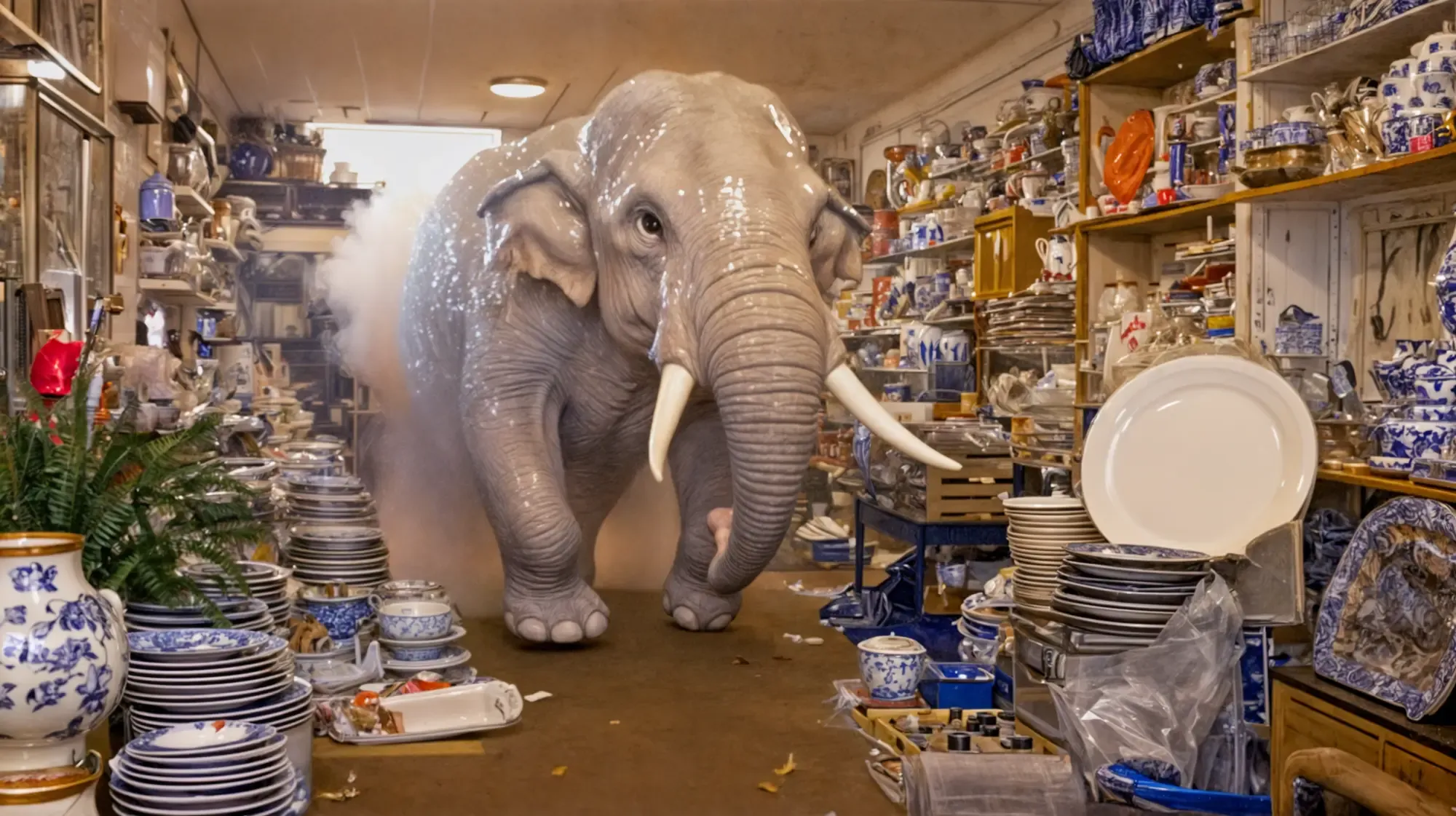 Ein Elefant mit Stoßzähnen steht in einem vollgestopften Porzellanladen zwischen Regalen mit blau-weißem Geschirr und gestapelten Tellern, vorne links eine Vase mit roter Blume.