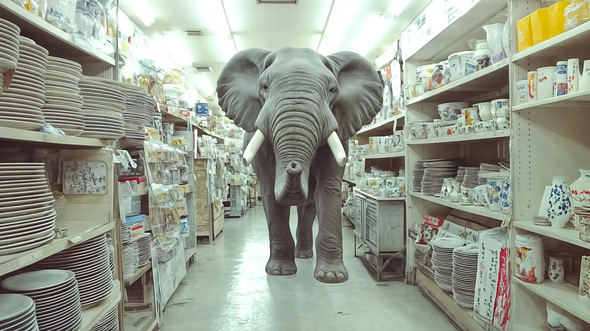 Ein grauer Elefant mit weißen Stoßzähnen steht mittig im Gang eines Geschirrladens, links und rechts Regale voller gestapelter Teller, Tassen und Vasen unter Neonlicht.