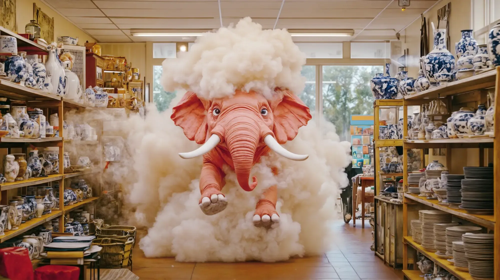 Ein lachsfarbener Elefant mit weißen Stoßzähnen schwebt in einer Rauch- oder Staubwolke durch einen Laden voller blau-weißem Porzellan auf Holzregalen.
