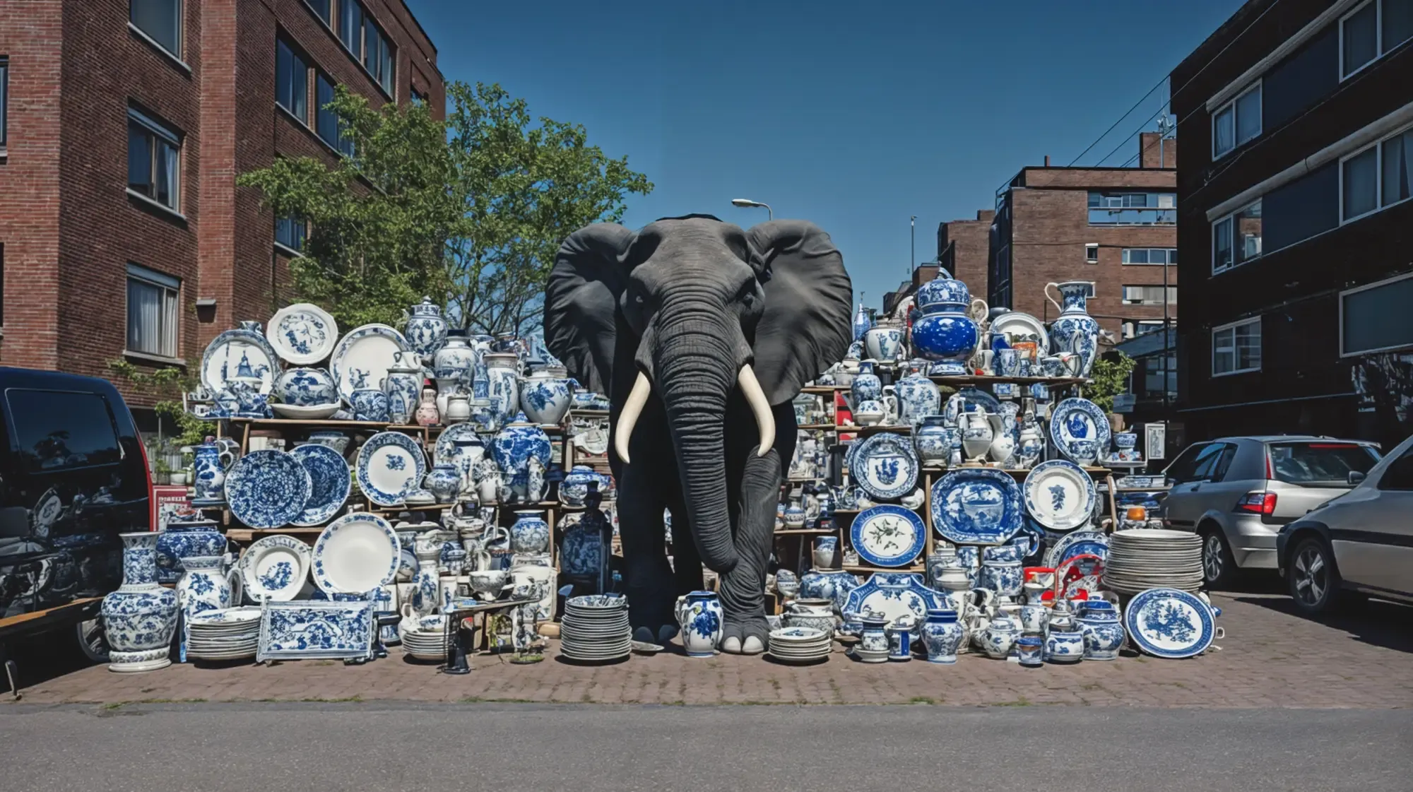 Grauer Elefant steht auf einer Straße zwischen hoch aufgetürmten Regalen voller blau-weißem Porzellangeschirr, im Hintergrund Backsteinhäuser und parkende Autos.
