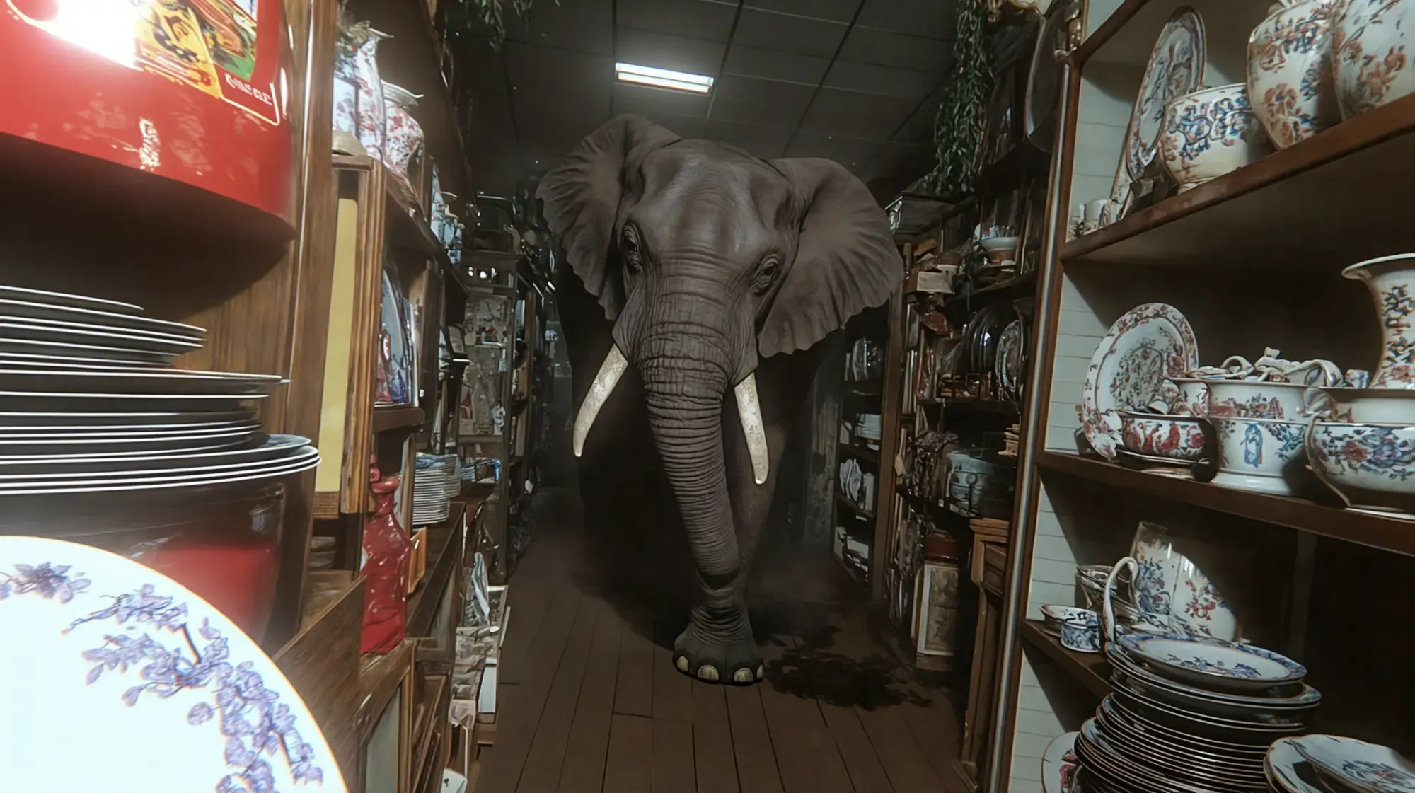 Ein Elefant mit langen Stoßzähnen steht in einem schmalen Gang eines Antiquitätenladens zwischen Regalen voller bemalter Teller und Schalen mit floralen Mustern.