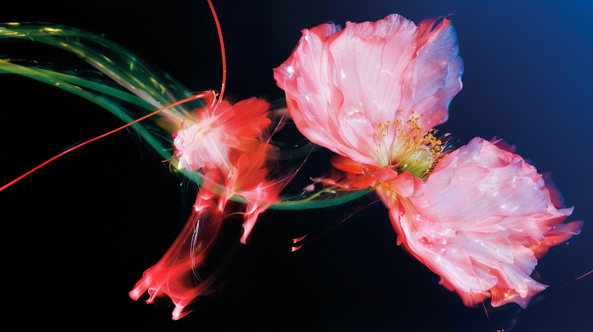 Waved Blossoms: leuchtend rosa Mohnblüten auf dunklem Grund, mit roten und grünen Lichtschlieren