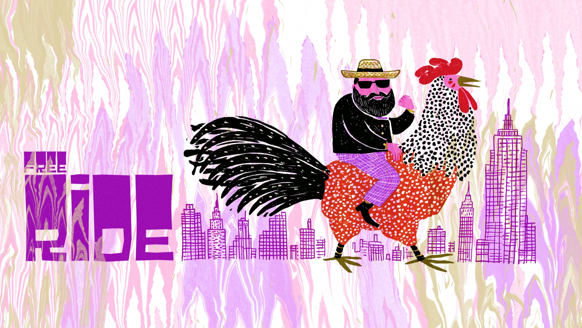 Free Ride: bärtiger Mann mit Strohhut und Sonnenbrille reitet auf einem Hahn über eine Skyline, dahinter eine Marmorierung in Rosa, Lila und Beige
