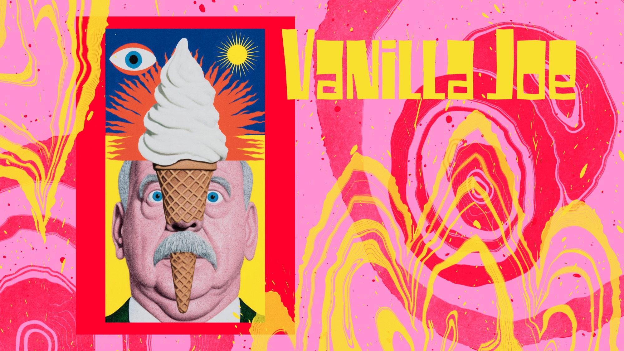 Vanilla Joe: Mann mit Schnurrbart und Eistüte vor dem Gesicht, gerahmt neben dem Schriftzug Vanilla Joe, auf einer Marmorierung in Pink, Rot und Gelb
