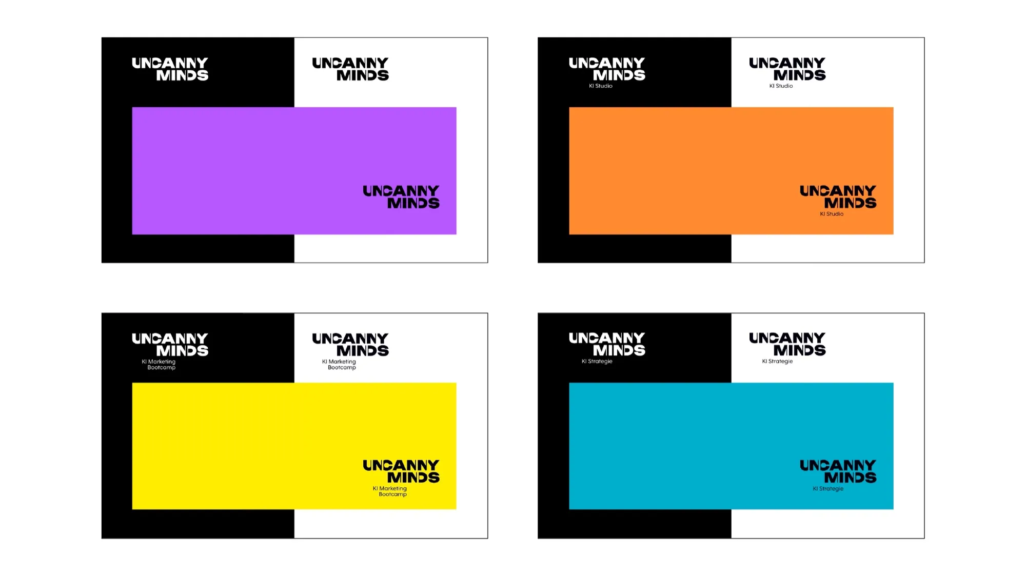 UNCANNY MINDS, Farbübersicht: vier Markenfarben für Dachmarke, KI Studio, KI Marketing Bootcamp und KI Strategie