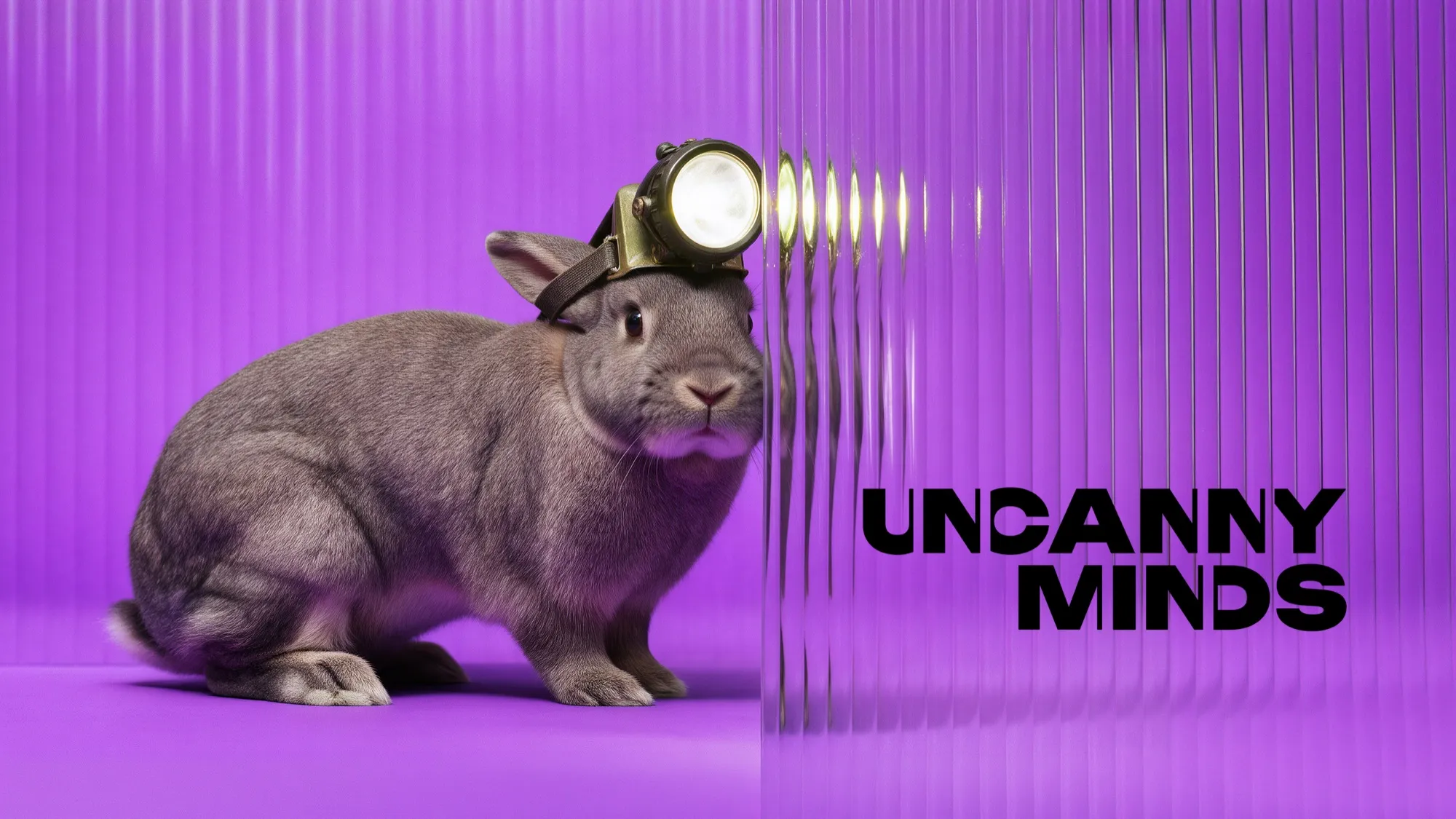 UNCANNY MINDS, Markenbild: Hase mit Grubenlampe hinter Riffelglas, violetter Grund