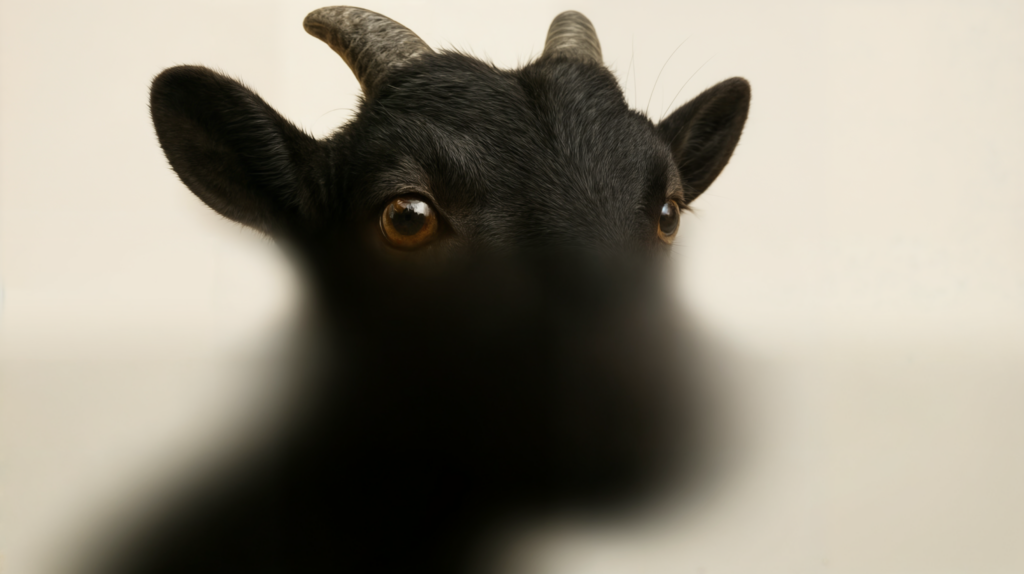 Ein hochauflösendes, detailreiches Nahaufnahmefoto zeigt den Kopf einer schwarzen Ziege vor einem dunkelbraunen Hintergrund. Der Fokus liegt auf dem fein strukturierten, glänzenden Fell, den bernsteinfarbenen, leicht schimmernden Augen und den rau wirkenden Hörnern, die aus der Stirn herausragen. Die Beleuchtung betont die unterschiedlichen Oberflächen – von der weichen Schnauze über das glatte Fell bis hin zur matten Hornstruktur – und verleiht dem Bild eine ruhige, aber kraftvolle Atmosphäre. Dieses Bild wurde mit KI erstellt.